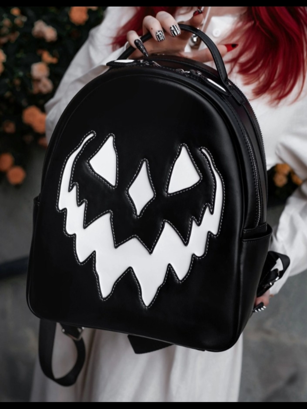 Black Backpack with White Jack-O'-Lantern Face - Women Bags